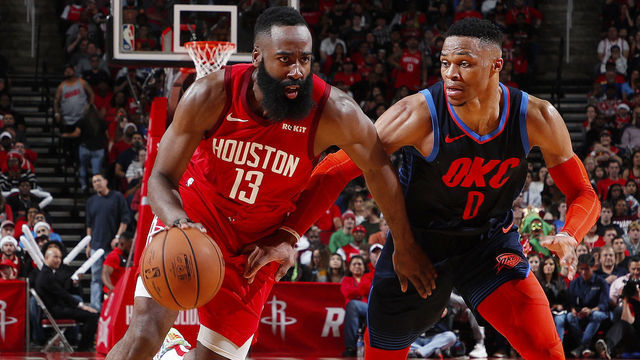 HOUSTON, TX - DECEMBER 25: James Harden #13 of the Houston Rockets handles the ball during the game against Russell Westbrook #0 of the Oklahoma City Thunder on December 25, 2018 at the Toyota Center in Houston, Texas. Mandatory Copyright Notice: Copyright 2018 NBAE