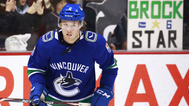 VANCOUVER, BC - MARCH 13: Brock Boeser #6 of the Vancouver Canucks skates up ice during their NHL game against the New York Rangers at Rogers Arena March 13, 2019 in Vancouver, British Columbia, Canada. "n