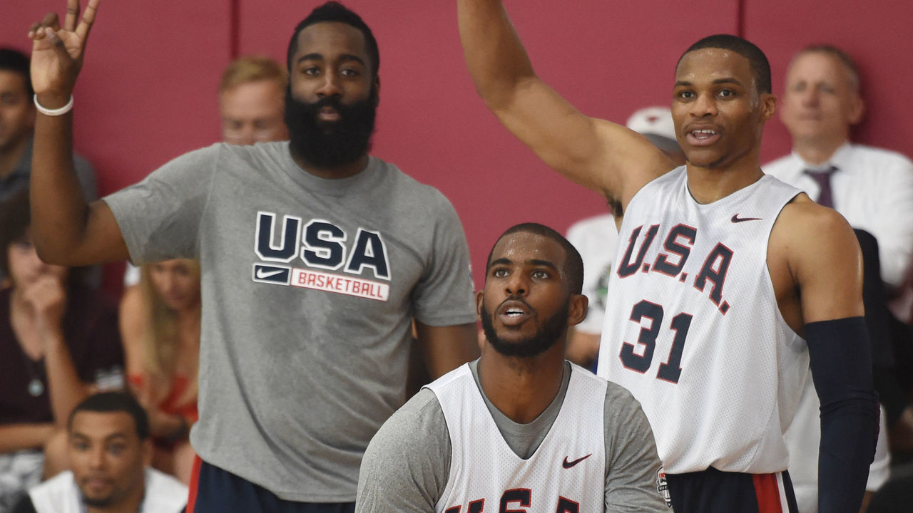 LAS VEGAS, NV - AUGUST 11: Chris Paul, James Harden and Russell Westbrook of the USA National Team participate in a minicamp at UNLV on August 11, 2015 in Las Vegas, Nevada. NOTE TO USER: User expressly acknowledges and agrees that, by downloading and/or using this Photograph, user is consenting to the terms and conditions of the Getty Images License Agreement. Mandatory Copyright Notice: Copyright 2015 NBAE