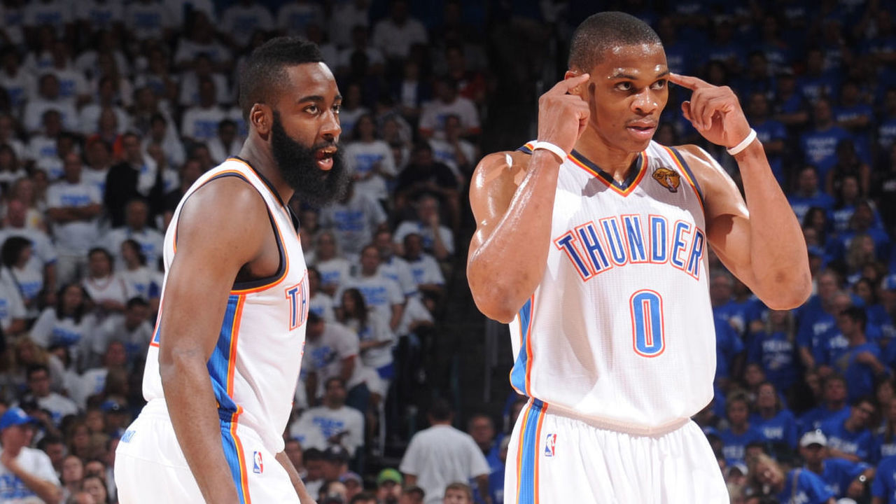 OKLAHOMA CITY, OK - JUNE 14: James Harden #13, Russell Westbrook #0 and Kevin Durant #35 of the Oklahoma City Thunder gets the play against the Miami Heat during Game Two of the 2012 NBA Finals at Chesapeake Energy Arena on June 14, 2012 in Oklahoma City, Oklahoma. Mandatory Copyright Notice: Copyright 2012 NBAE