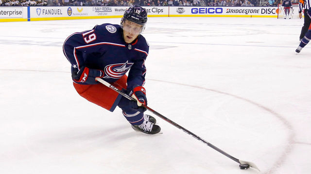 COLUMBUS, OH - APRIL 30: Ryan Dzingel #19 of the Columbus Blue Jackets controls the puck while playing against the Boston Bruins in Game Three of the Eastern Conference Second Round during the 2019 NHL Stanley Cup Playoffs on April 30, 2019 at Nationwide Arena in Columbus, Ohio.
