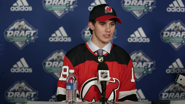 VANCOUVER, BRITISH COLUMBIA - JUNE 21: Jack Hughes speaks to the media after being selected first overall by the New Jersey Devils during the first round of the 2019 NHL Draft at Rogers Arena on June 21, 2019 in Vancouver, Canada.