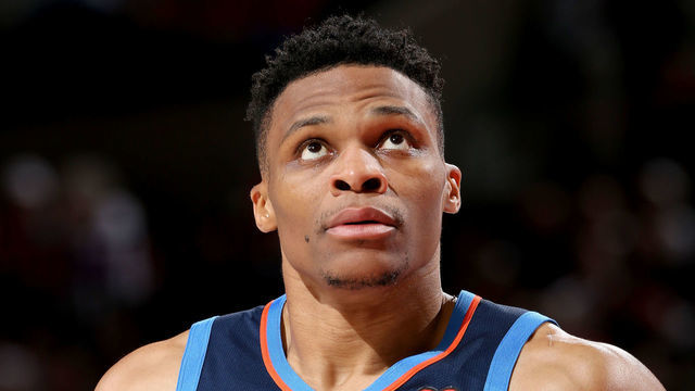 PORTLAND, OR - APRIL 23: Russell Westbrook #0 of the Oklahoma City Thunder looks on during the game against the Portland Trail Blazers during Game Five of Round One of the 2019 NBA Playoffs on April 23, 2019 at the Moda Center in Portland, Oregon. Mandatory Copyright Notice: Copyright 2019 NBAE