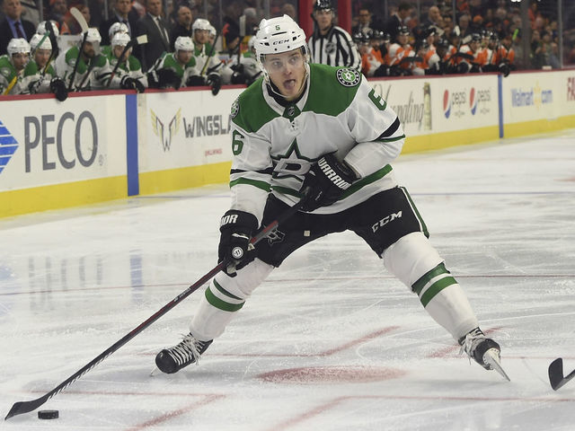 PHILADELPHIA, PA - JANUARY 10: Dallas Stars Defenceman Julius Honka (6) shoots the puck during the game between the Dallas Stars and the Philadelphia Flyers on January 10, 2019 at Wells Fargo Center in Philadelphia,PA.