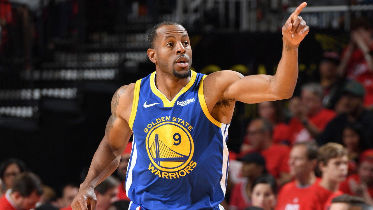 HOUSTON, TX - MAY 10: Andre Iguodala #9 of the Golden State Warriors reacts to a play against the Houston Rockets during Game Six of the Western Conference Semifinals of the 2019 NBA Playoffs on May 10, 2019 at the Toyota Center in Houston, Texas. NOTE TO USER: User expressly acknowledges and agrees that, by downloading and/or using this photograph, user is consenting to the terms and conditions of the Getty Images License Agreement. Mandatory Copyright Notice: Copyright 2019 NBAE