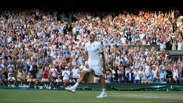 LONDON, ENGLAND - JULY 12: Roger Federer (SUI) celebrates victory over Rafael Nadal (ESP) after their Gentlemen's Singles Semi Final match on Day 11 of The Championships - Wimbledon 2019 at the All England Lawn Tennis and Croquet Club on July 12, 2019 in London, England.