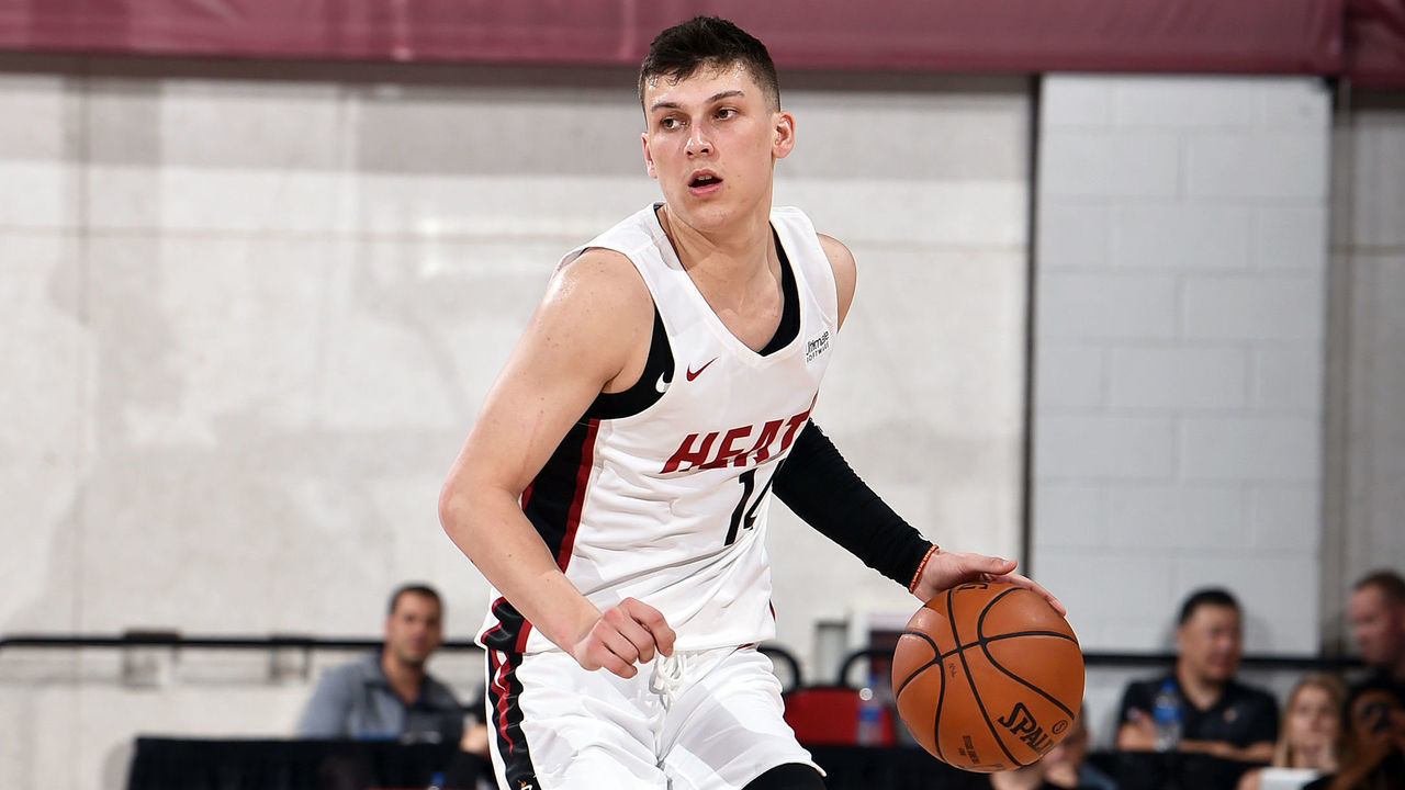 Las Vegas, NV - JULY 7: Tyler Herro #14 of the Miami Heat handles the ball during the game against the Utah Jazz during Day 3 of the 2019 Las Vegas Summer League on July 7, 2019 at the Cox Pavilion in Las Vegas, Nevada. Mandatory Copyright Notice: Copyright 2019 NBAE