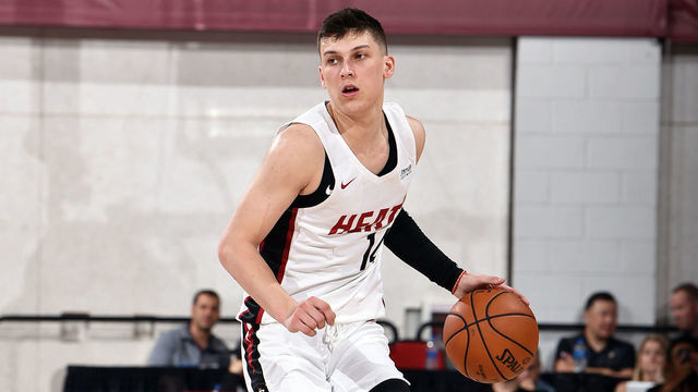 Las Vegas, NV - JULY 7: Tyler Herro #14 of the Miami Heat handles the ball during the game against the Utah Jazz during Day 3 of the 2019 Las Vegas Summer League on July 7, 2019 at the Cox Pavilion in Las Vegas, Nevada. Mandatory Copyright Notice: Copyright 2019 NBAE