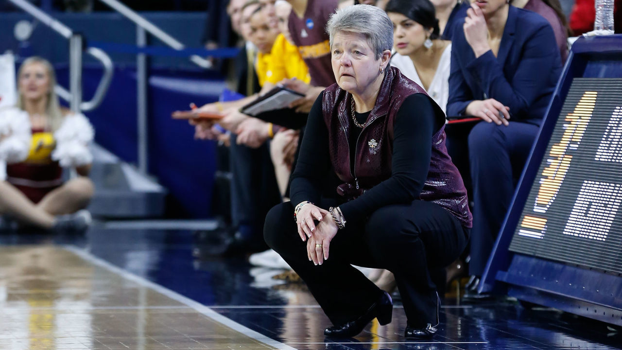 SOUTH BEND, IN - MARCH 23: Central Michigan Chippewas head coach Sue Guevara watches the action on the court during the NCAA Division I Women's Championship First Round basketball game between the Central Michigan Chippewas and the Michigan State Spartans on March 23, 2019 at Purcell Pavilion in Notre Dame, Indiana.