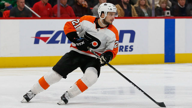 DETROIT, MI - FEBRUARY 17: Philadelphia Flyers forward Scott Laughton (21) skates during a regular season NHL hockey game between the Philadelphia Flyers and the Detroit Red Wings on February 17, 2019. at Little Caesars Arena in Detroit, Michigan.