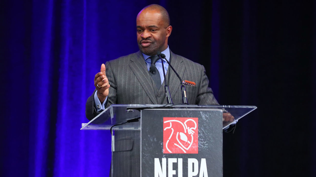ATLANTA, GA - JANUARY 31: DeMaurice Smith the Executive Director of the National Football League Players' Association (NFLPA) speaks during the NFLPA Press Conference on January 31, 2019 at the Georgia World Congress Center in Atlanta, GA.