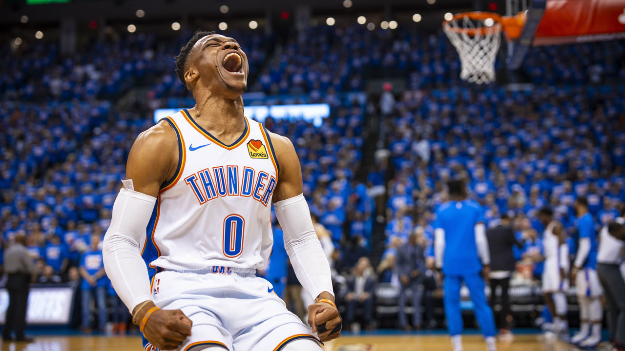 OKLAHOMA CITY, OK - APRIL 21: Russell Westbrook #0 of the Oklahoma City Thunder shows emption against the Portland Trail Blazers during Game Four of Round One of the 2019 NBA Playoffs on April 21, 2019 at Chesapeake Energy Arena in Oklahoma City, Oklahoma. NOTE TO USER: User expressly acknowledges and agrees that, by downloading and/or using this photograph, user is consenting to the terms and conditions of the Getty Images License Agreement. Mandatory Copyright Notice: Copyright 2019 NBAE