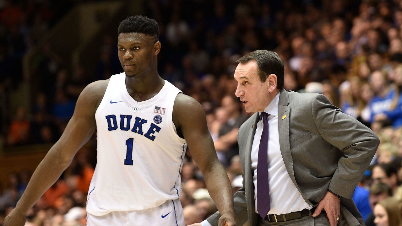 DURHAM, NORTH CAROLINA - DECEMBER 18: Head coach Mike Krzyzewski talks with Zion Williamson #1 of the Duke Blue Devils during their game against the Princeton Tigers at Cameron Indoor Stadium on December 18, 2018 in Durham, North Carolina. Duke won 101-50.