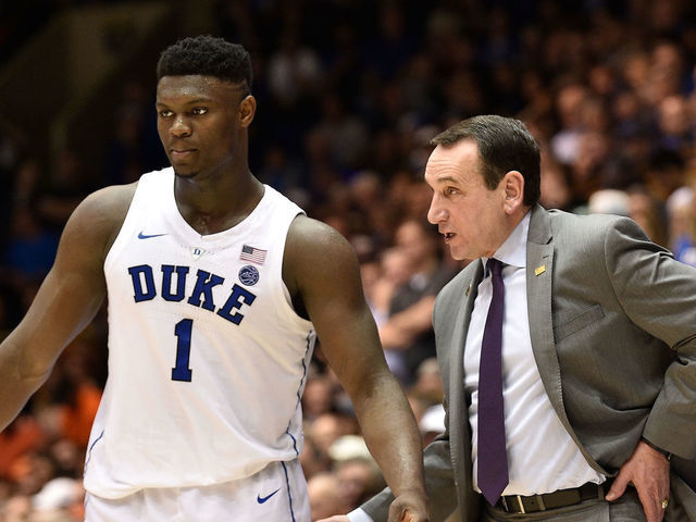 DURHAM, NORTH CAROLINA - DECEMBER 18: Head coach Mike Krzyzewski talks with Zion Williamson #1 of the Duke Blue Devils during their game against the Princeton Tigers at Cameron Indoor Stadium on December 18, 2018 in Durham, North Carolina. Duke won 101-50.