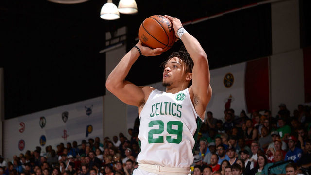 LAS VEGAS, NV - JULY 9: Carsen Edwards #29 of the Boston Celtics ;strobe; against the Denver Nuggets on July 9, 2019 at the Cox Pavilion in Las Vegas, Nevada. NOTE TO USER: User expressly acknowledges and agrees that, by downloading and/or using this photograph, user is consenting to the terms and conditions of the Getty Images License Agreement. Mandatory Copyright Notice: Copyright 2019 NBAE