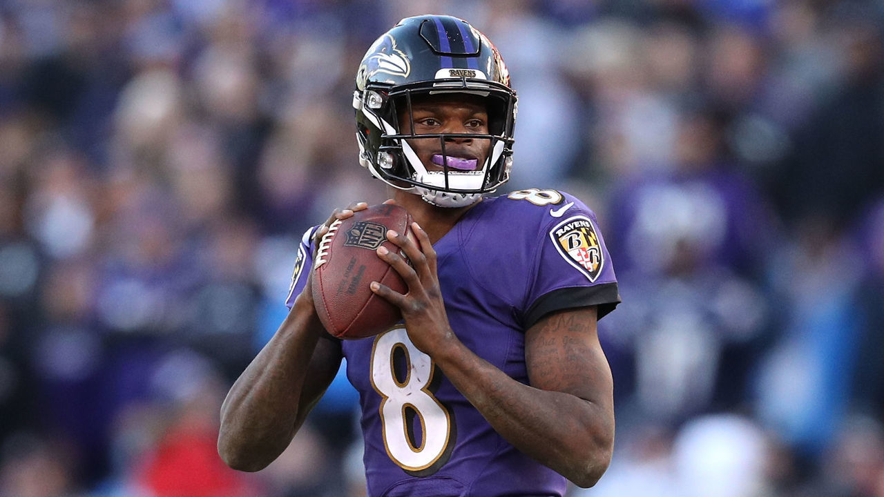 BALTIMORE, MARYLAND - JANUARY 06: Quarterback Lamar Jackson #8 of the Baltimore Ravens in action against the Los Angeles Chargers during the AFC Wild Card Playoff game at M&T Bank Stadium on January 06, 2019 in Baltimore, Maryland.