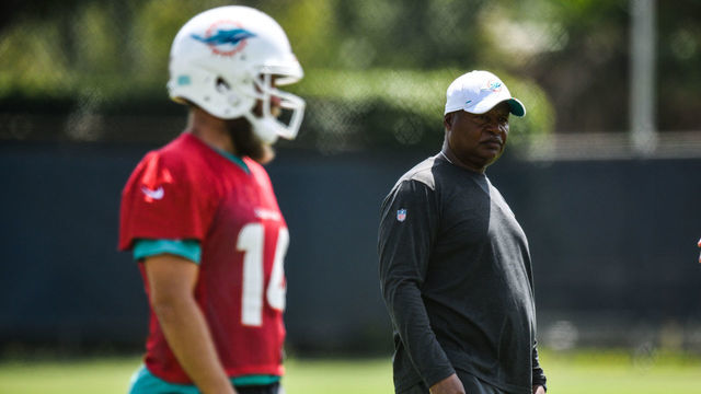 DAVIE, FL - MAY 29: Assistant Head Coach Jim Caldwell of the Miami Dolphins coaches during practice drills during the third week OTAs at Baptist Health Training Facility at Nova Southern University on on May 29, 2019 in Davie, Florida.