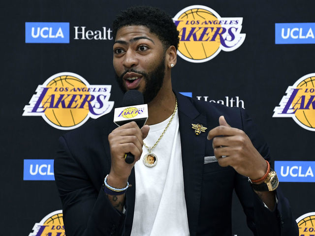 EL SEGUNDO, CALIFORNIA - JULY 13: Anthony Davis speaks as he is introduced as the newest player of the Los Angeles Lakers during a press conference at UCLA Health Training Center on July 13, 2019 in El Segundo, California. NOTE TO USER: User expressly acknowledges and agrees that, by downloading and/or using this Photograph, user is consenting to the terms and conditions of the Getty Images License Agreement.