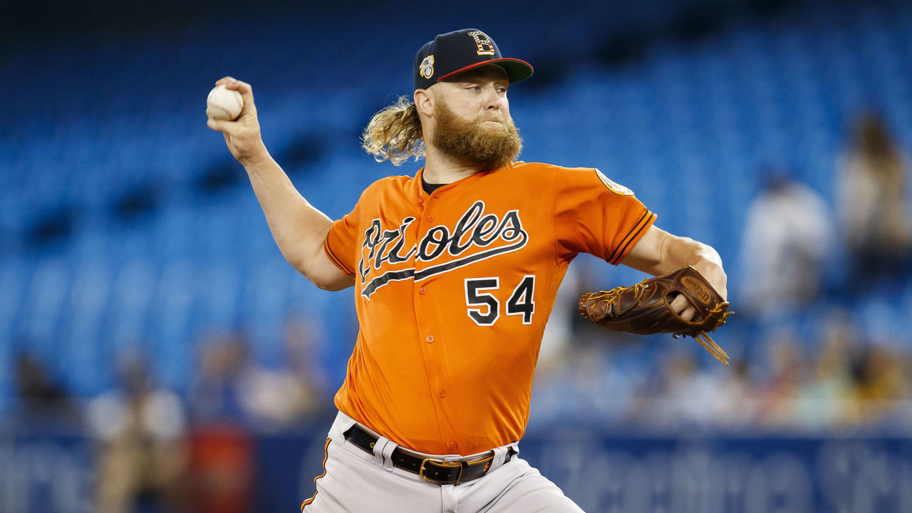 TORONTO, ONTARIO - JULY 6: Andrew Cashner #54 of the Baltimore Orioles pitches the the Toronto Blue Jays in the second inning during their MLB game at the Rogers Centre on July 6, 2019 in Toronto, Canada.