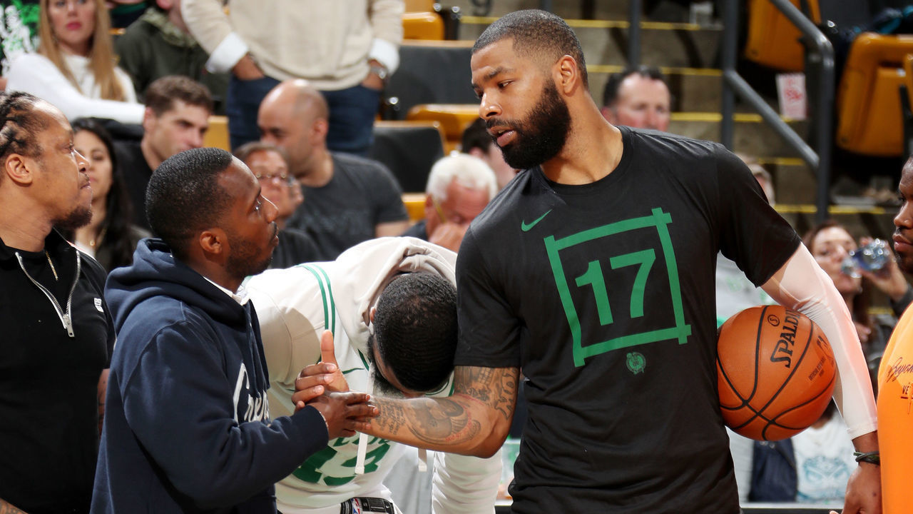 BOSTON, MA - MAY 3: Rich Paul, Markieff Morris #5 of the Oklahoma City Thunder and Marcus Morris #13 of the Boston Celtics chat during Game Three of the Eastern Conference Semi Finals of the 2019 NBA Playoffs against the Milwaukee Bucks on May 3, 2019 at the TD Garden in Boston, Massachusetts. Mandatory Copyright Notice: Copyright 2019 NBAE