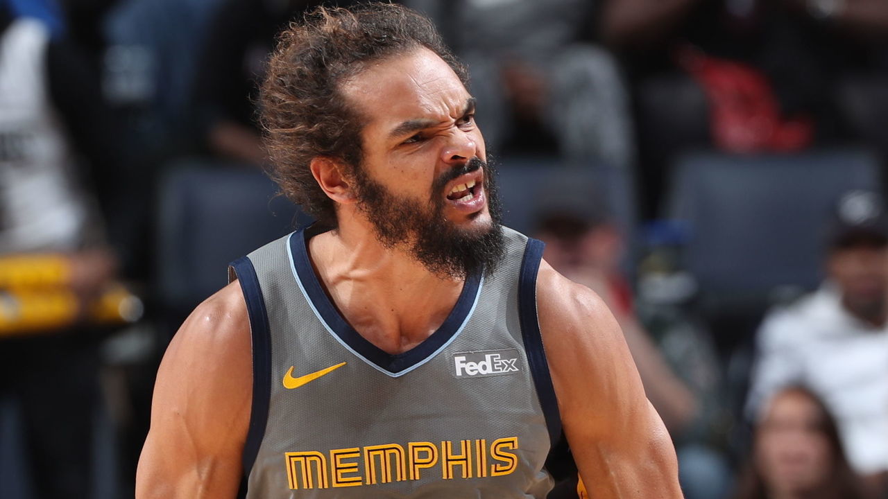 MEMPHIS, TN - MARCH 20: Joakim Noah #55 of the Memphis Grizzlies reacts against the Houston Rockets on March 20, 2019 at FedExForum in Memphis, Tennessee. Mandatory Copyright Notice: Copyright 2019 NBAE