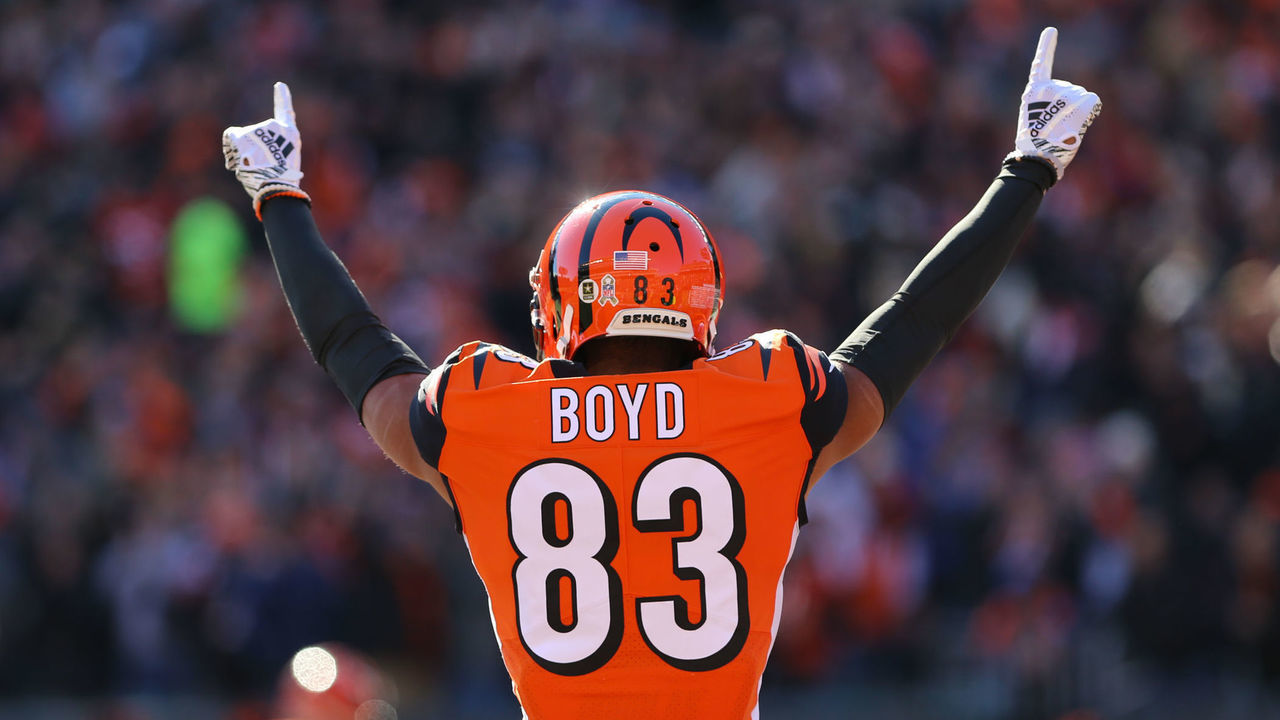 CINCINNATI, OH - NOVEMBER 11: Cincinnati Bengals wide receiver Tyler Boyd (83) reacts after a John Ross (15) (not pictured) touchdown during the game against the New Orleans Saints and the Cincinnati Bengals on November 11th 2018, at Paul Brown Stadium in Cincinnati, OH.