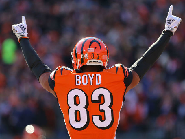 CINCINNATI, OH - NOVEMBER 11: Cincinnati Bengals wide receiver Tyler Boyd (83) reacts after a John Ross (15) (not pictured) touchdown during the game against the New Orleans Saints and the Cincinnati Bengals on November 11th 2018, at Paul Brown Stadium in Cincinnati, OH.