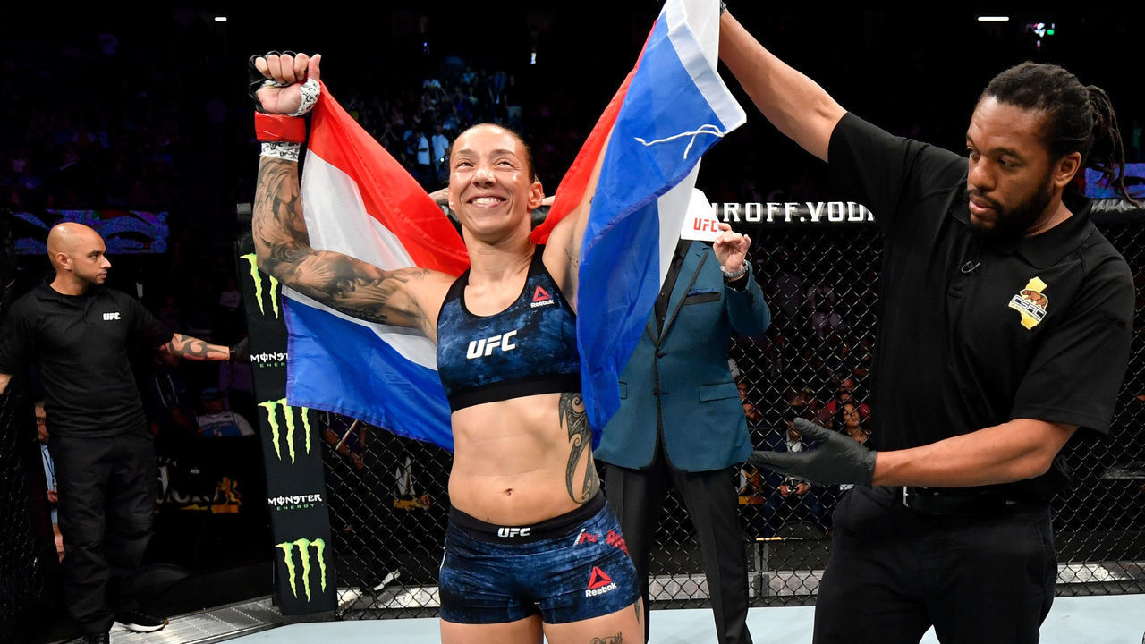 SACRAMENTO, CALIFORNIA - JULY 13: Germaine de Randamie of the Netherlands celebrates after her TKO victory over Aspen Ladd in their women's bantamweight bout during the UFC Fight Night event at Golden 1 Center on July 13, 2019 in Sacramento, California.