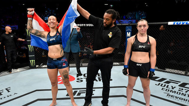 SACRAMENTO, CALIFORNIA - JULY 13: Germaine de Randamie of the Netherlands celebrates after her TKO victory over Aspen Ladd in their women's bantamweight bout during the UFC Fight Night event at Golden 1 Center on July 13, 2019 in Sacramento, California.