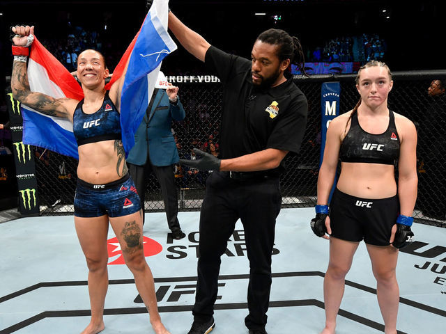 SACRAMENTO, CALIFORNIA - JULY 13: Germaine de Randamie of the Netherlands celebrates after her TKO victory over Aspen Ladd in their women's bantamweight bout during the UFC Fight Night event at Golden 1 Center on July 13, 2019 in Sacramento, California.