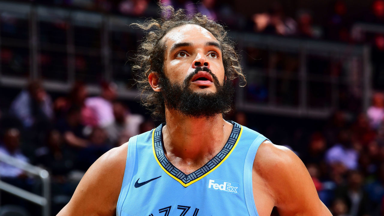 ATLANTA, GA - MARCH 13: Joakim Noah #55 of the Memphis Grizzlies looks on during the game against the Atlanta Hawks on March 13, 2019 at State Farm Arena in Atlanta, Georgia. NOTE TO USER: User expressly acknowledges and agrees that, by downloading and/or using this Photograph, user is consenting to the terms and conditions of the Getty Images License Agreement. Mandatory Copyright Notice: Copyright 2019 NBAE