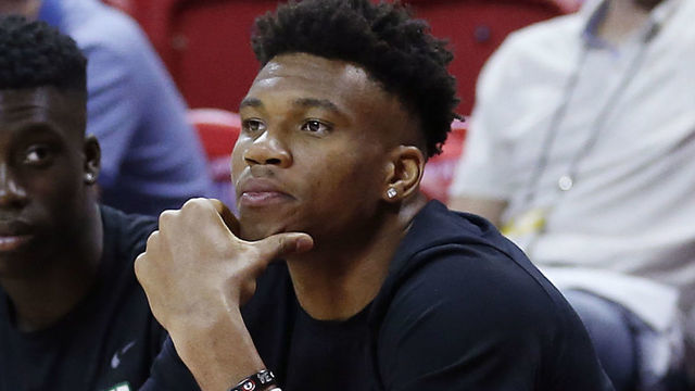 LAS VEGAS, NEVADA - JULY 10: Giannis Antetokounmpo #34 of the Milwaukee Bucks looks on during the game between the Dallas Mavericks and Croatia during the 2019 Summer League at the Cox Pavilion on July 10, 2019 in Las Vegas, Nevada.