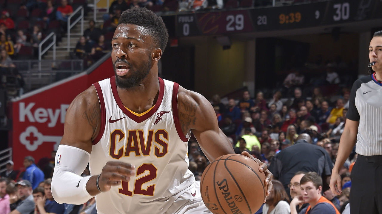 CLEVELAND, OH - APRIL 7: David Nwaba #12 of the Cleveland Cavaliers handles the ball against the San Antonio Spurs on April 7, 2019 at Quicken Loans Arena in Cleveland, Ohio. NOTE TO USER: User expressly acknowledges and agrees that, by downloading and/or using this Photograph, user is consenting to the terms and conditions of the Getty Images License Agreement. Mandatory Copyright Notice: Copyright 2019 NBAE