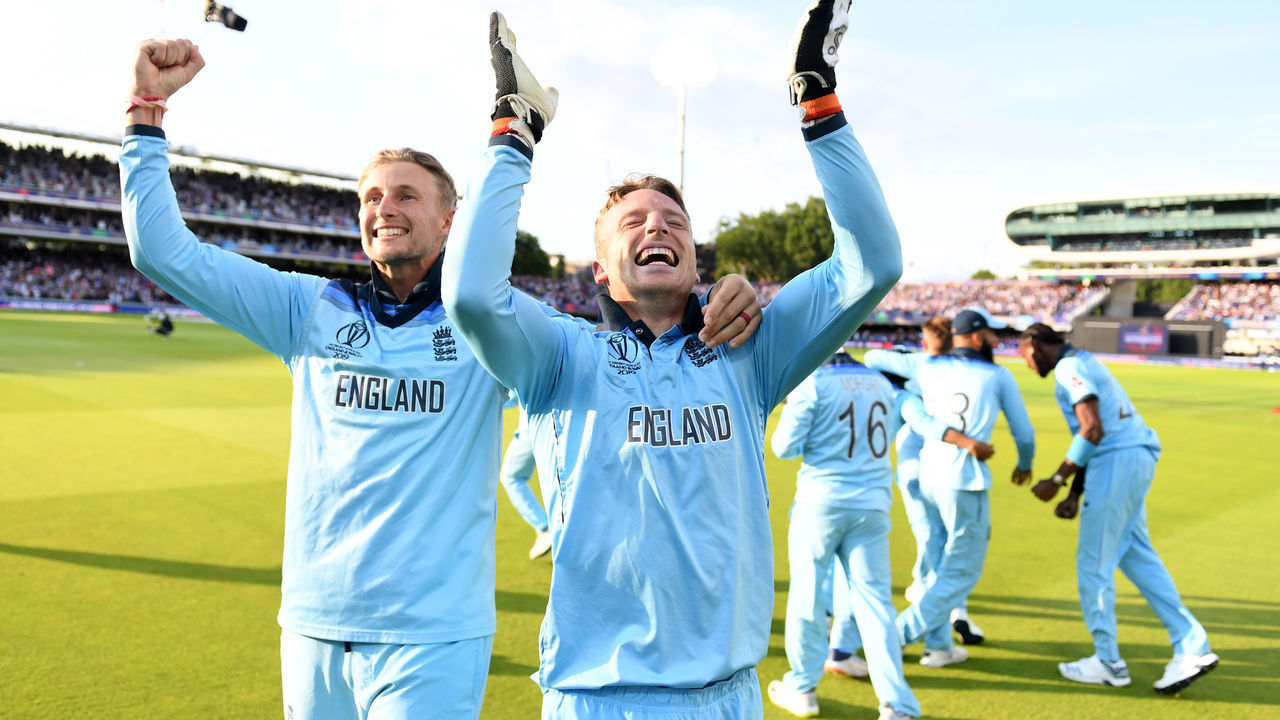 LONDON, ENGLAND - JULY 14: Joe Root of England and Jos Buttler of England celebrate after winning the Cricket World Cup during the Final of the ICC Cricket World Cup 2019 between New Zealand and England at Lord's Cricket Ground on July 14, 2019 in London, England.