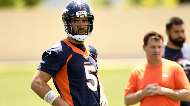 CENTENNIAL, CO - JUNE 5: Joe Flacco #5 of the Denver Broncos during mini camp at UCHealth Training Center in Centennial, Colorado on June 5, 2019.
