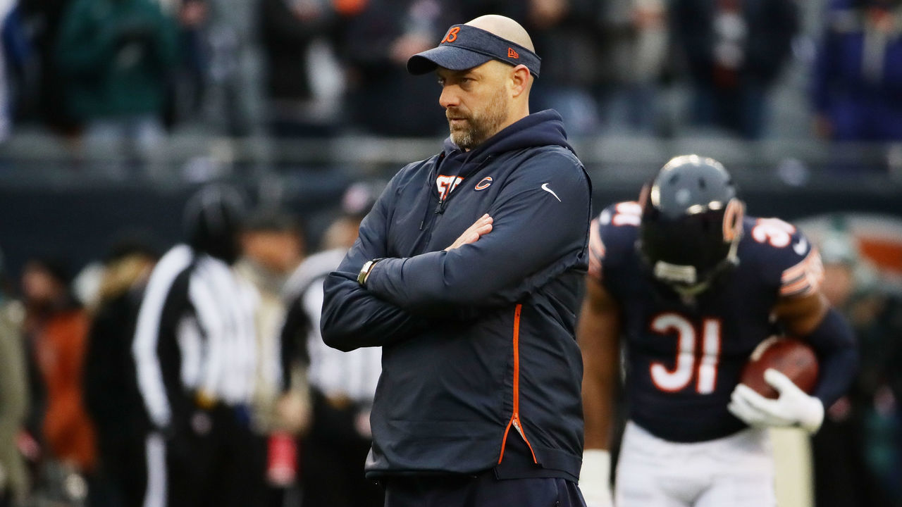 CHICAGO, ILLINOIS - JANUARY 06: Head coach Matt Nagy of the Chicago Bears looks on prior to the NFC Wild Card Playoff game against the Philadelphia Eagles at Soldier Field on January 06, 2019 in Chicago, Illinois.