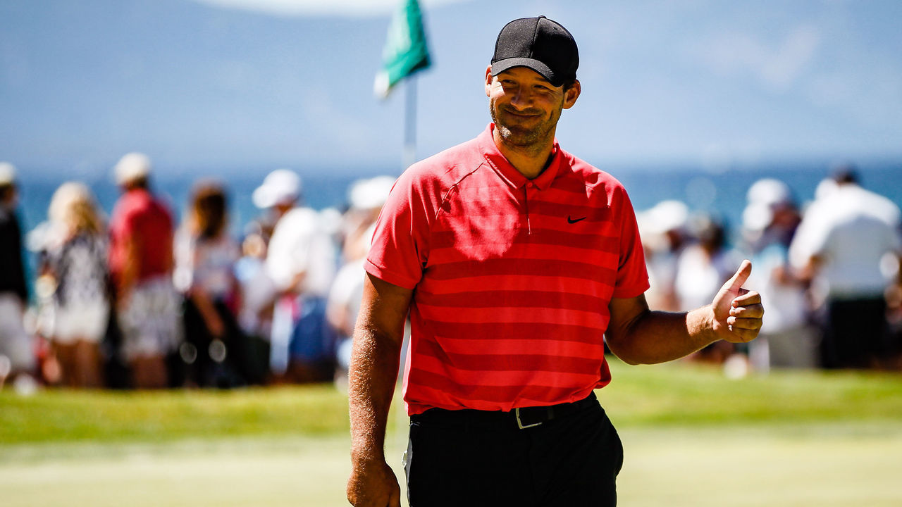 STATELINE, NEVADA - JULY 13: Tony Romo leaves the 18th hole after finishing round 2 of the American Century Championship in the lead at Edgewood Tahoe Golf Course on July 13, 2019 in Stateline, Nevada.