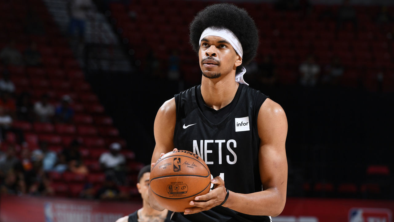 LAS VEGAS, NV - JULY 13: Jarrett Allen #31 of Brooklyn Nets shoots a free throw during the game against the Detroit Pistons on July 13, 2019 at the Thomas & Mack Center in Las Vegas, Nevada. NOTE TO USER: User expressly acknowledges and agrees that, by downloading and/or using this Photograph, user is consenting to the terms and conditions of the Getty Images License Agreement. Mandatory Copyright Notice: Copyright 2019 NBAE