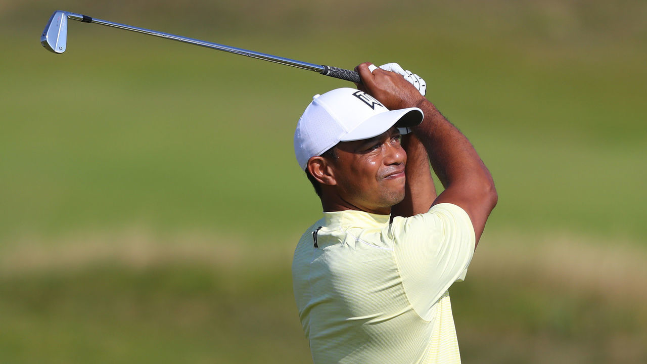 PORTRUSH, NORTHERN IRELAND - JULY 15: Tiger Woods of the United States plays a shot during a practice round prior to the 148th Open Championship held on the Dunluce Links at Royal Portrush Golf Club on July 15, 2019 in Portrush, United Kingdom.