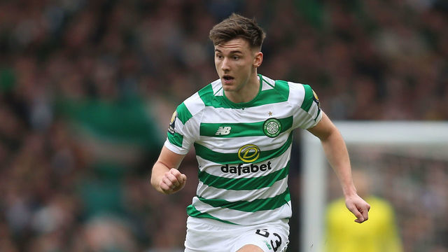 14th April 2019, Hampden Park, Glasgow, Scotland; Scottish Cup football, semi final, Aberdeen versus Celtic; Kieran Tierney of Celtic on the ball