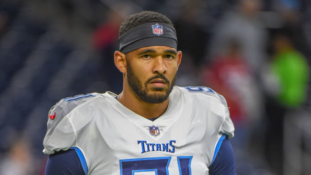HOUSTON, TX - NOVEMBER 26: Tennessee Titans Linebacker Derrick Morgan (91) warms up before the football game between the Tennessee Titans and Houston Texans on November 26, 2018 at NRG Stadium in Houston, Texas.