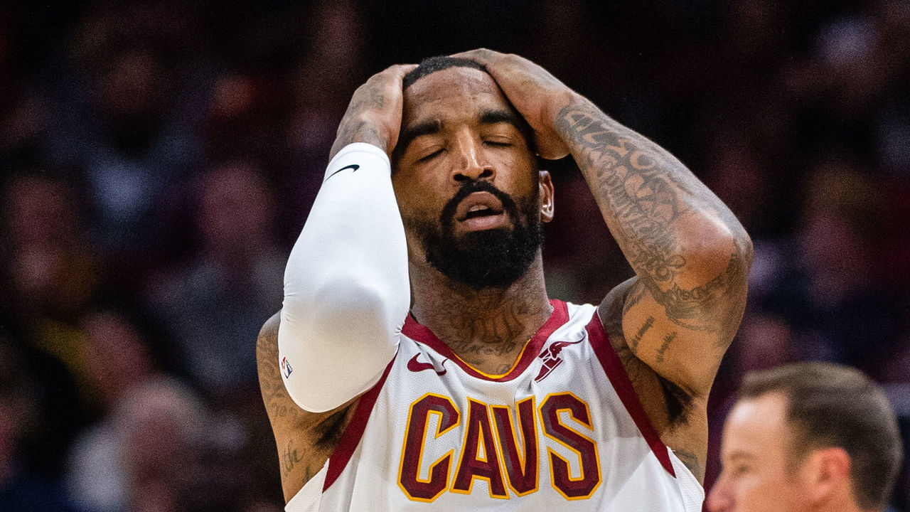 CLEVELAND, OH - NOVEMBER 7: JR Smith #5 of the Cleveland Cavaliers reacts after missing a shot during the first half against the Oklahoma City Thunder at Quicken Loans Arena on November 7, 2018 in Cleveland, Ohio. NOTE TO USER: User expressly acknowledges and agrees that, by downloading and/or using this photograph, user is consenting to the terms and conditions of the Getty Images License Agreement.