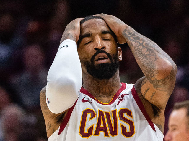 CLEVELAND, OH - NOVEMBER 7: JR Smith #5 of the Cleveland Cavaliers reacts after missing a shot during the first half against the Oklahoma City Thunder at Quicken Loans Arena on November 7, 2018 in Cleveland, Ohio. NOTE TO USER: User expressly acknowledges and agrees that, by downloading and/or using this photograph, user is consenting to the terms and conditions of the Getty Images License Agreement.