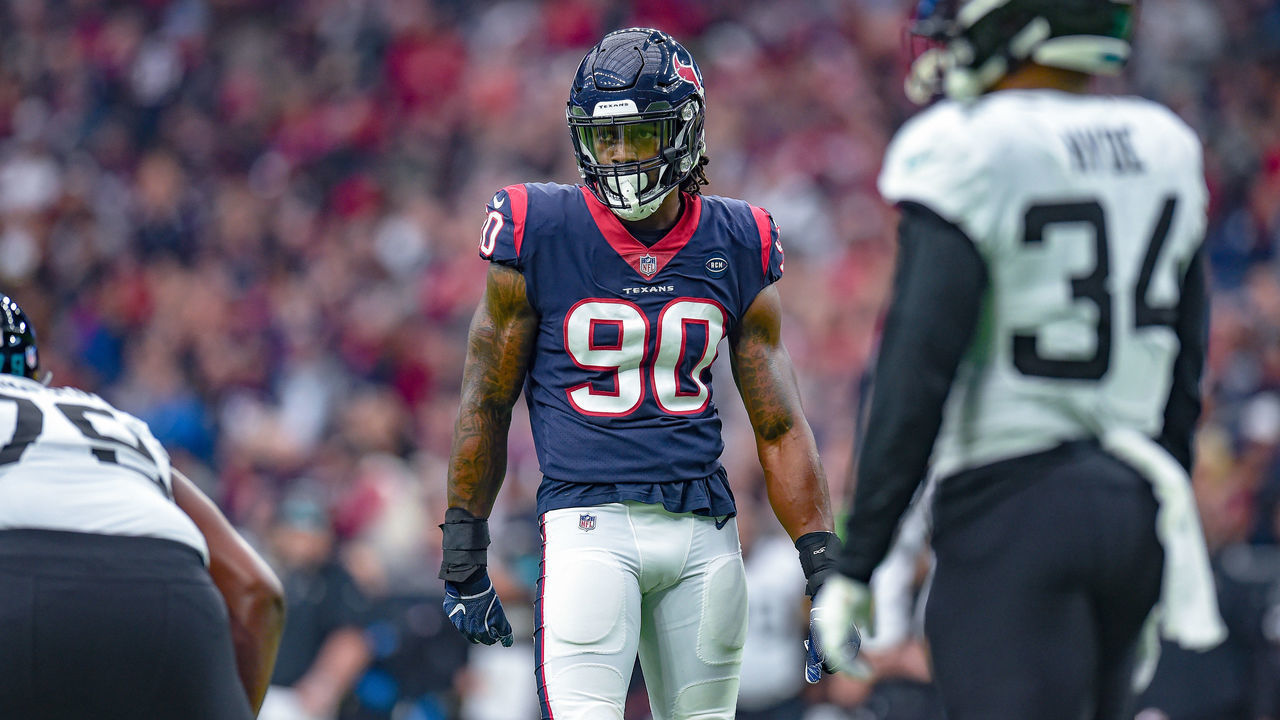 HOUSTON, TX - DECEMBER 30: Houston Texans outside linebacker Jadeveon Clowney (90) gets ready for a play during the football game between the Jacksonville Jaguars and Houston Texans on December 30, 2018 at NRG Stadium in Houston, Texas.