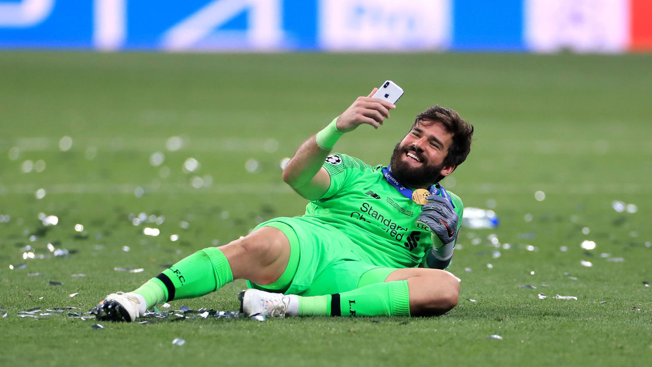 Liverpool goalkeeper Alisson Becker takes a selfie after the final whistle during the UEFA Champions League Final at the Wanda Metropolitano, Madrid. Tottenham Hotspur v Liverpool - UEFA Champions League - Final - Wanda Metropolitano 01-06-2019 .
