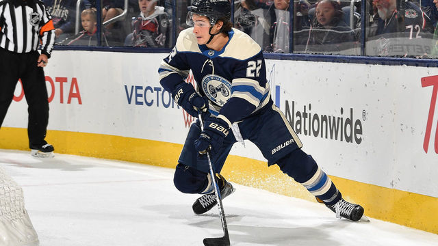 COLUMBUS, OH - OCTOBER 18: Sonny Milano #22 of the Columbus Blue Jackets skates against the Philadelphia Flyers on October 18, 2018 at Nationwide Arena in Columbus, Ohio.