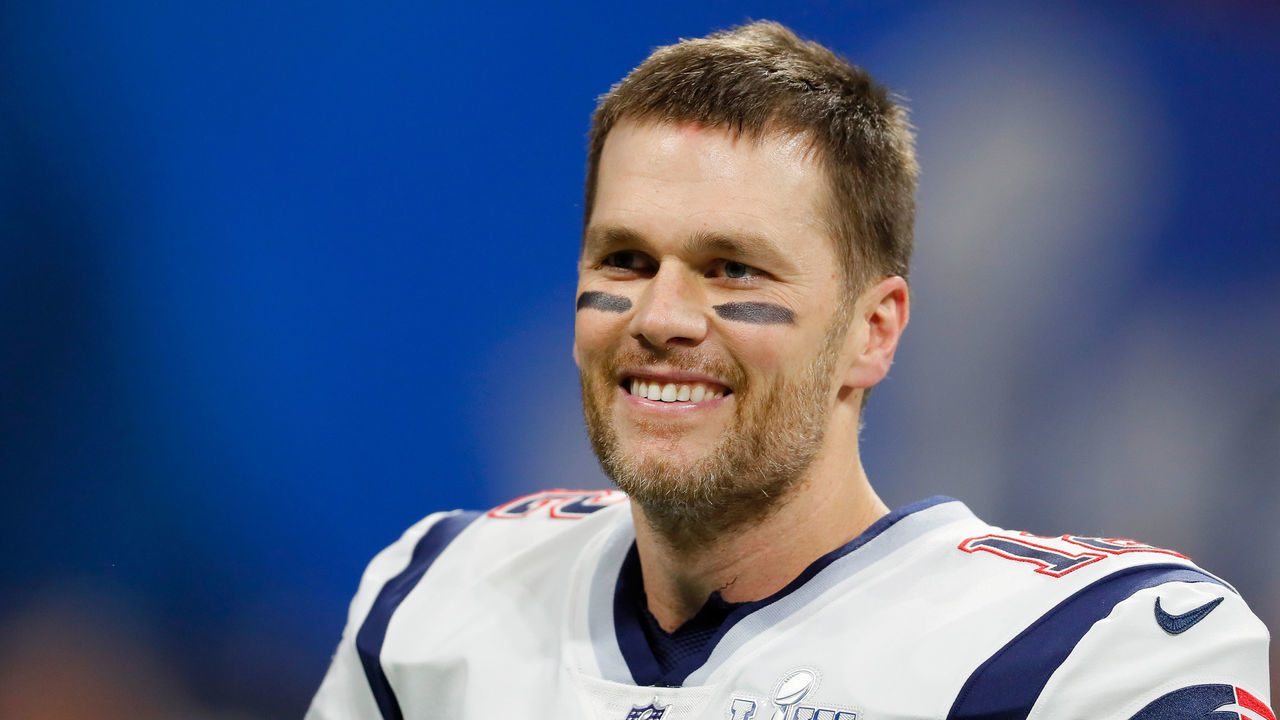 ATLANTA, GA - FEBRUARY 03: Tom Brady #12 of the New England Patriots looks on during pregame at Super Bowl LIII against the Los Angeles Rams at Mercedes-Benz Stadium on February 3, 2019 in Atlanta, Georgia.