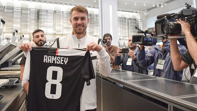 TURIN, ITALY - JULY 15: Juventus player Aaron Ramsey at the Juventus Store on July 15, 2019 in Turin, Italy.