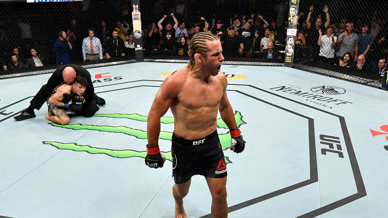 SACRAMENTO, CALIFORNIA - JULY 13: Urijah Faber celebrates after his victory over Ricky Simon in their bantamweight bout during the UFC Fight Night event at Golden 1 Center on July 13, 2019 in Sacramento, California.