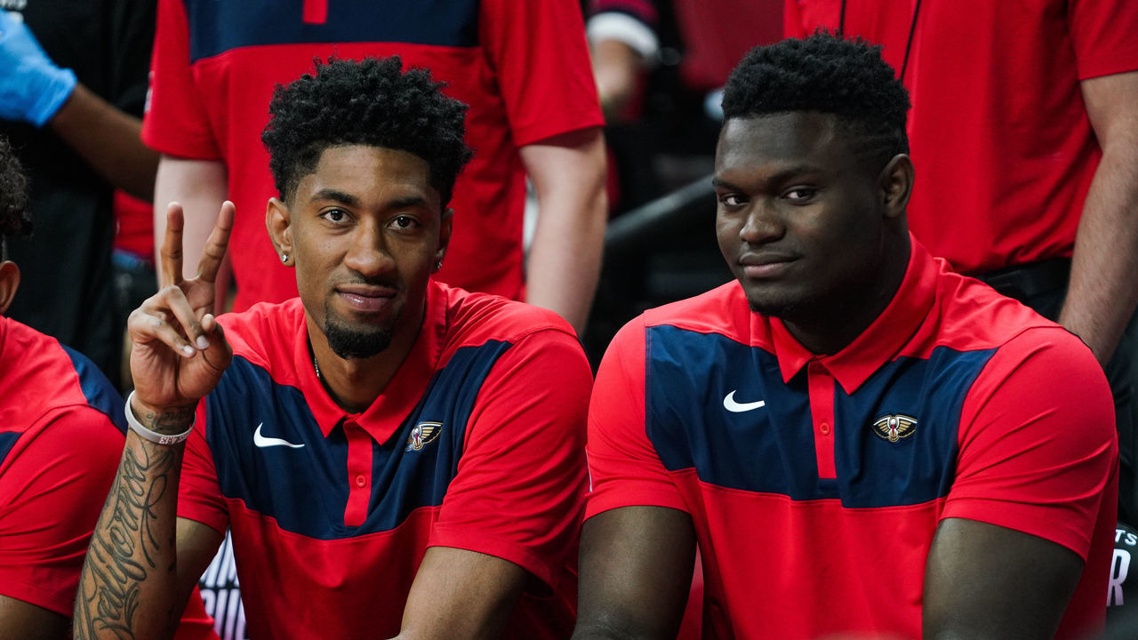 LAS VEGAS, NEVADA - JULY 08: (L-R) Frank Jackson, Christian Wood and Zion Williamson of the New Orleans Pelicans pose during a game at NBA Summer League on July 08, 2019 in Las Vegas, Nevada.